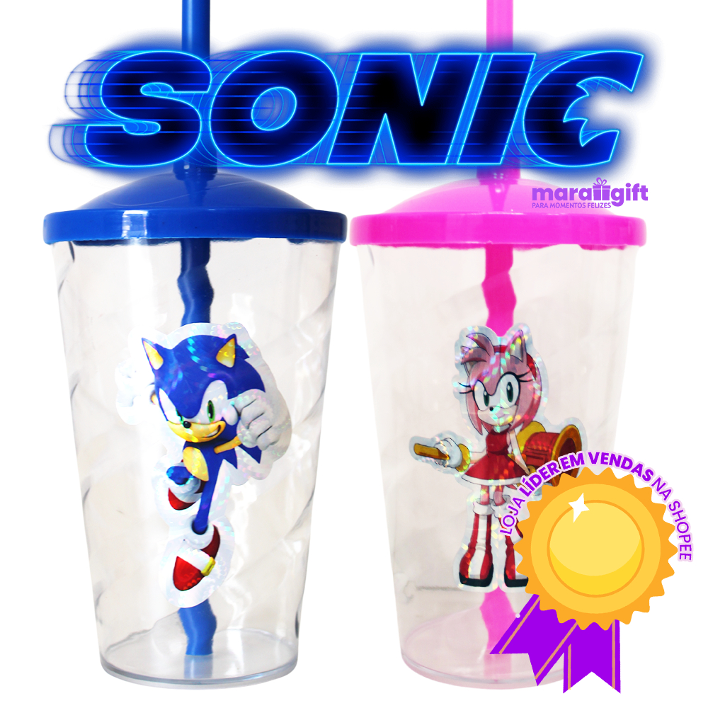 20 à 30 Copos Twister Cristal adesivo SONIC AMY ROSE 400ML, Transparente Com Tampa E Canudo em Oferta na Shopee
