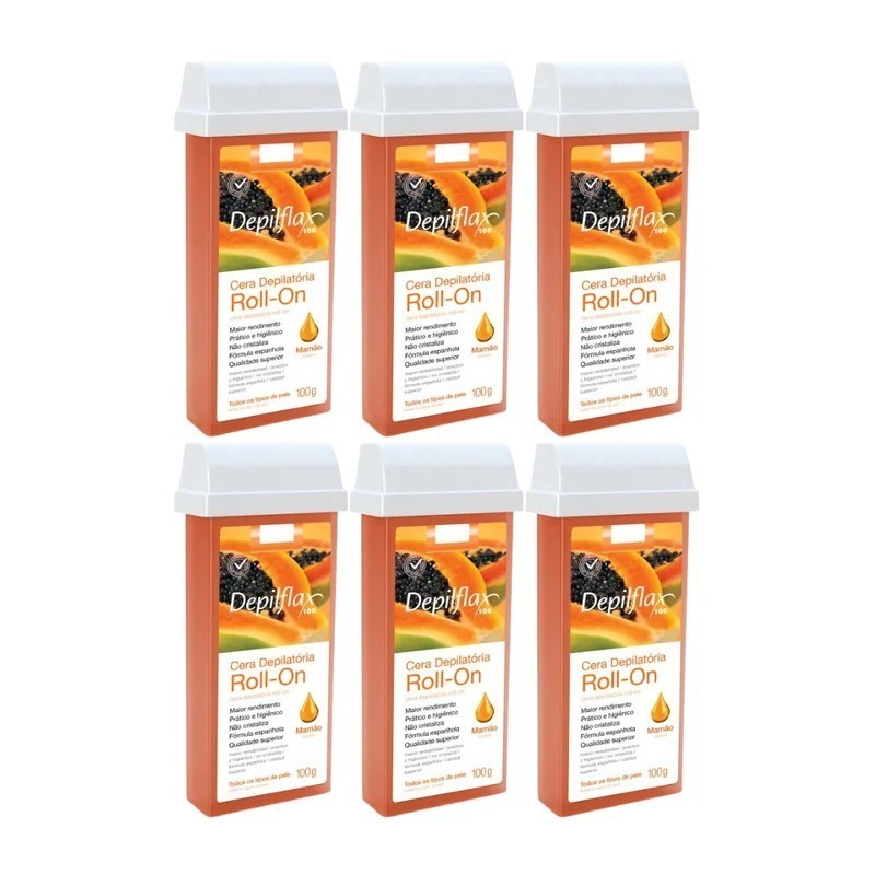 Cera Refil Roll On Depilflax Mamão Kit com 6 Unidades 100g