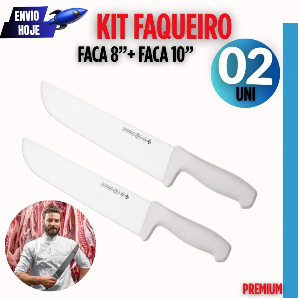 Kit 2 Facas Aço Inox 10" e 8" – Açougue, Churrasco e Cozinha Cabo Branco Faca Churrasco