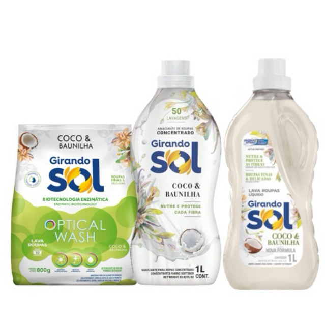 Kit Girando Sol Coco e Baunilha com amaciante, sabão líquido e sabão em pó
