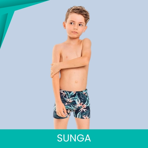 Sunga Boxer com Proteção UV Infantil Azul Folhagem - Quimby Conforto