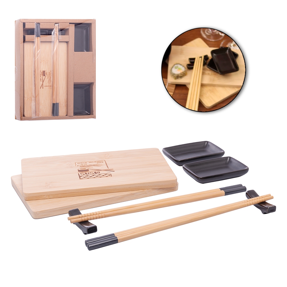 Conjunto Sushi Sapporo 2 Molheiras 2 Suportes 2 Tabuas Bambu 2 Pares Hashi Elegante e Completo