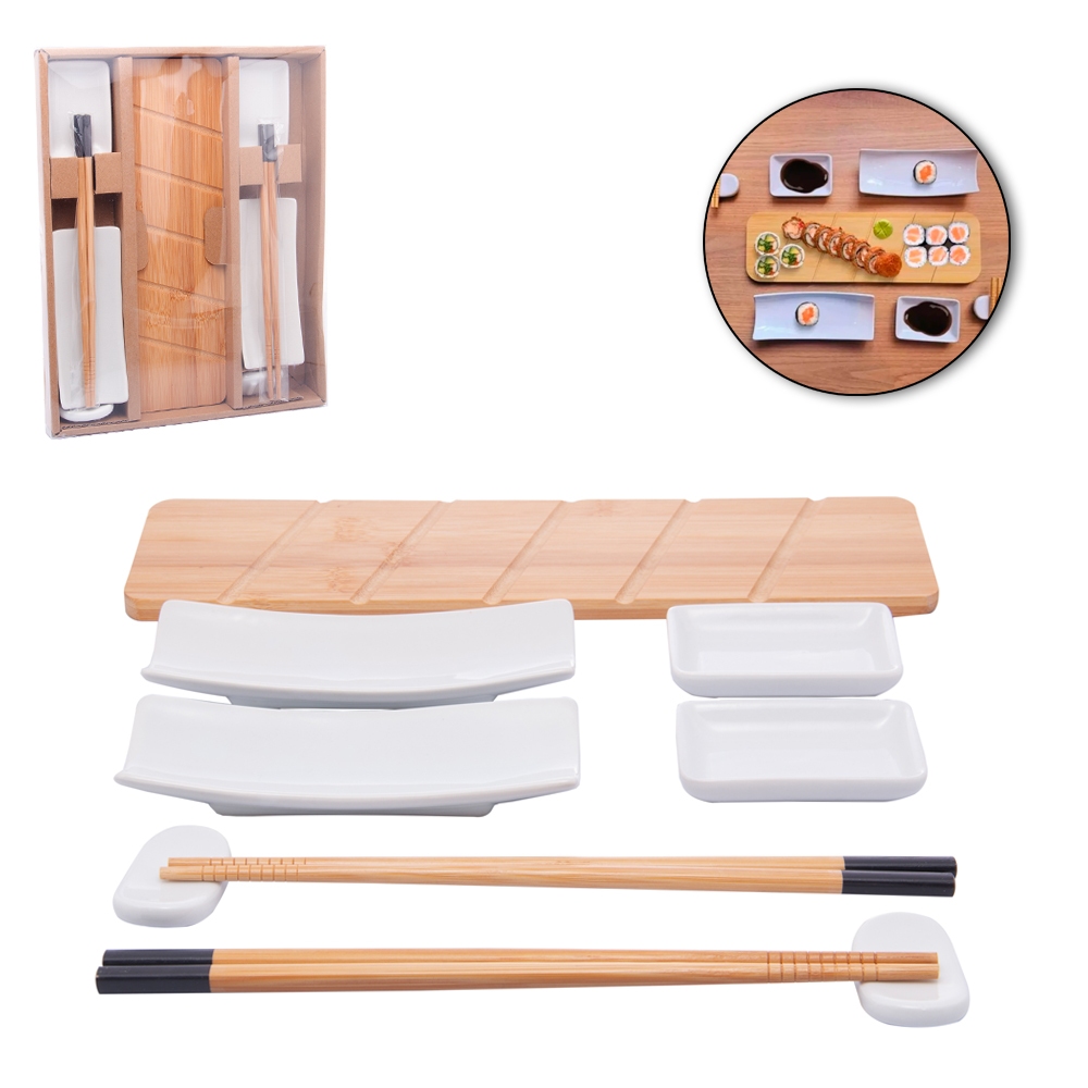 Conjunto para Sushi Nagoya 4 Molheiras, 2 Pratos Porcelana + Suportes, Tabua Bambu e 2 Pares Hashi
