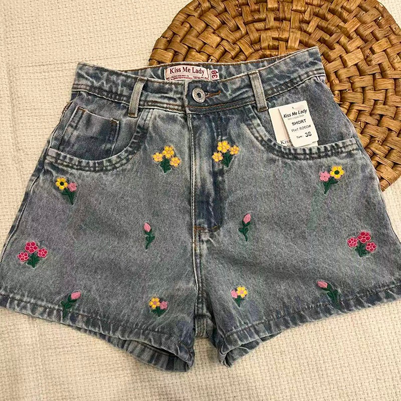 Novos shorts jeans femininos de cintura alta com bordados coloridos de verão