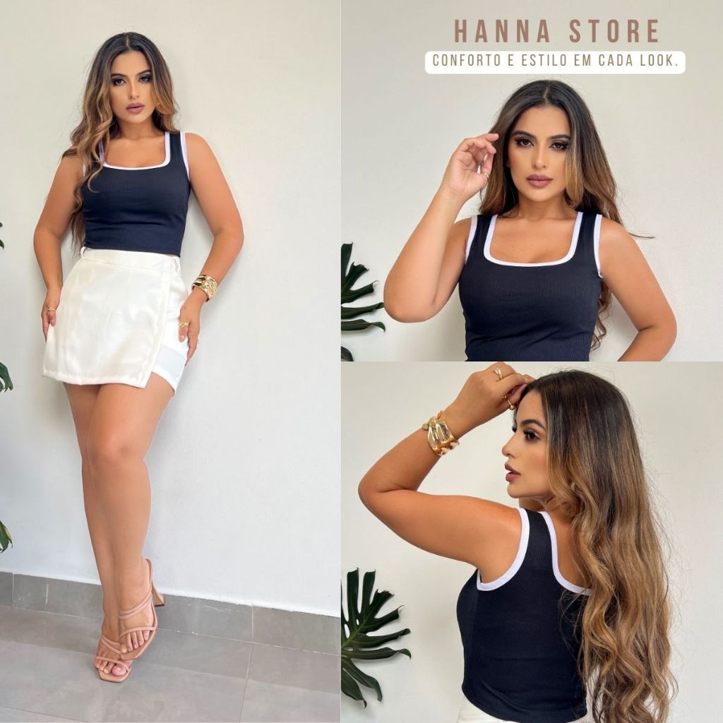 Cropped Feminino Preto Com Detalhe Branco Canelado E Decote Quadrado Justo E Elegante Envio Imediato