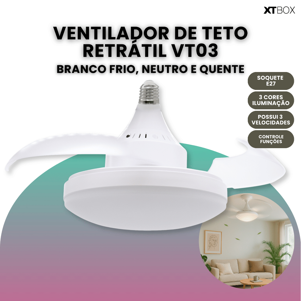 Ventilador de Teto Retrátil Controle Remoto com Luz Led Ajustável Silencioso Moderno VT03