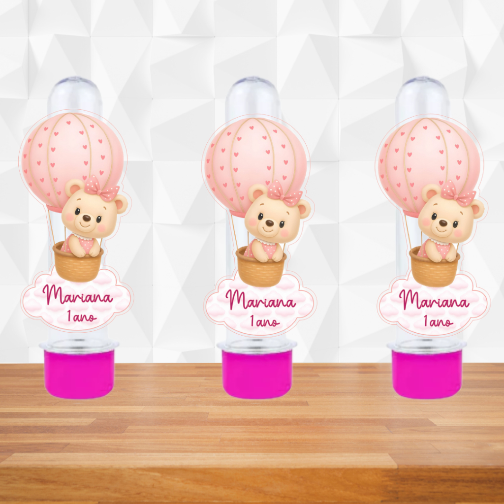 Kit Aplique para Tubete - Ursinha Balão - Tag Personalizada - Lembrancinha de Aniversário/Chá Revelação/ Mesversário