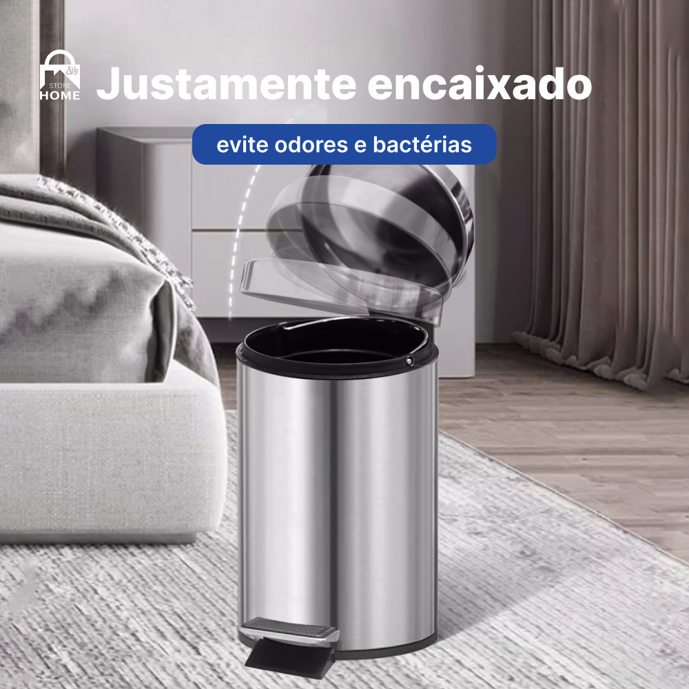 Lixeira Aço Inox 5/7/12/20L Cesto Removível Alça Pedal Banheiro Escritório Cozinha – Novo Modelo com Tampa de Fechamento