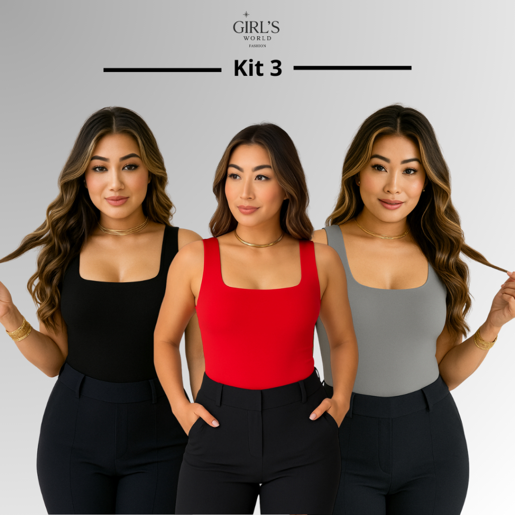 Kit 3 Body Bodies Collant Feminino Básico Suplex Regata Com Forro Duplo Decote Quadrado