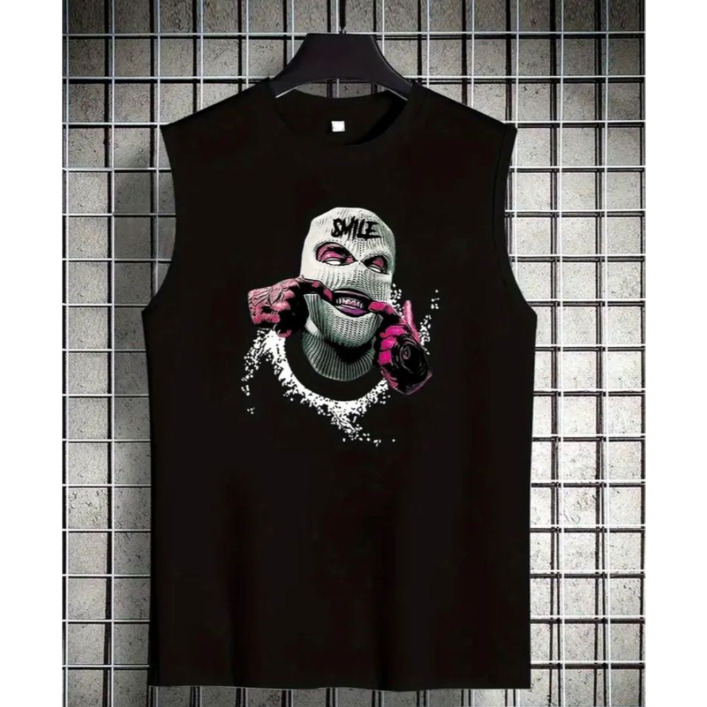 Regata Masculina Preta Estampa Smile Estilo Streetwear Ousado Lançamento