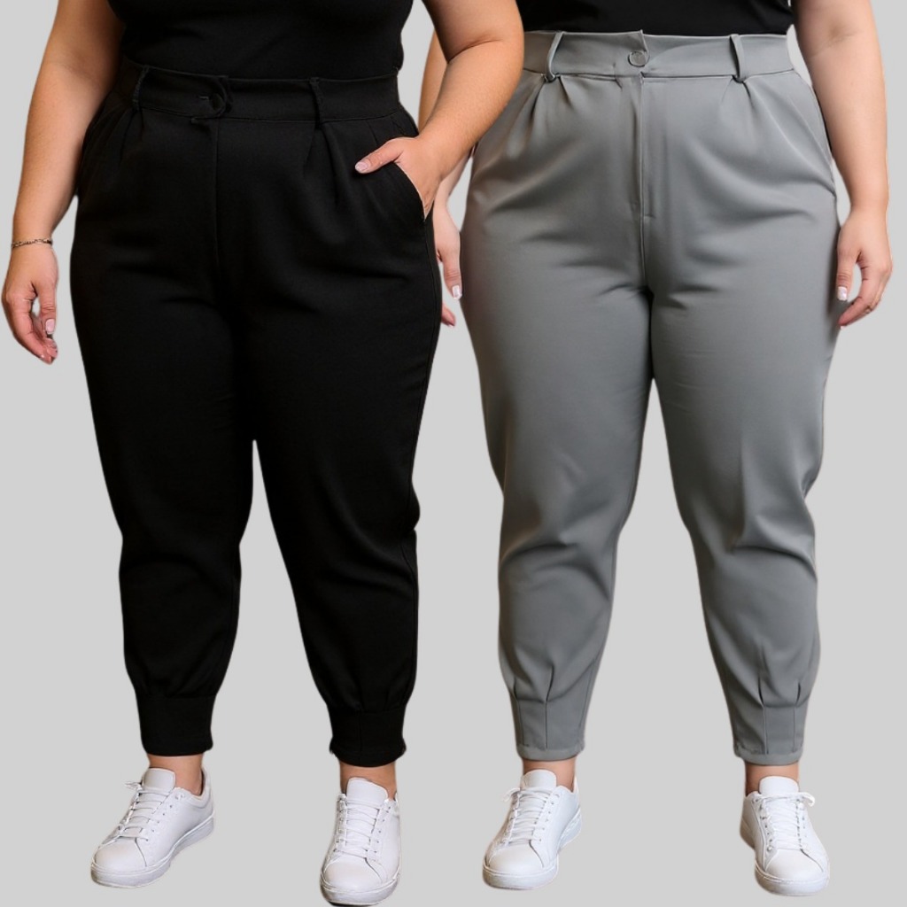 Kit 2 Calças Plus Size Feminina Social Elegante Com Zíper Na Perna Barra Moderna Cenoura Cós Largo