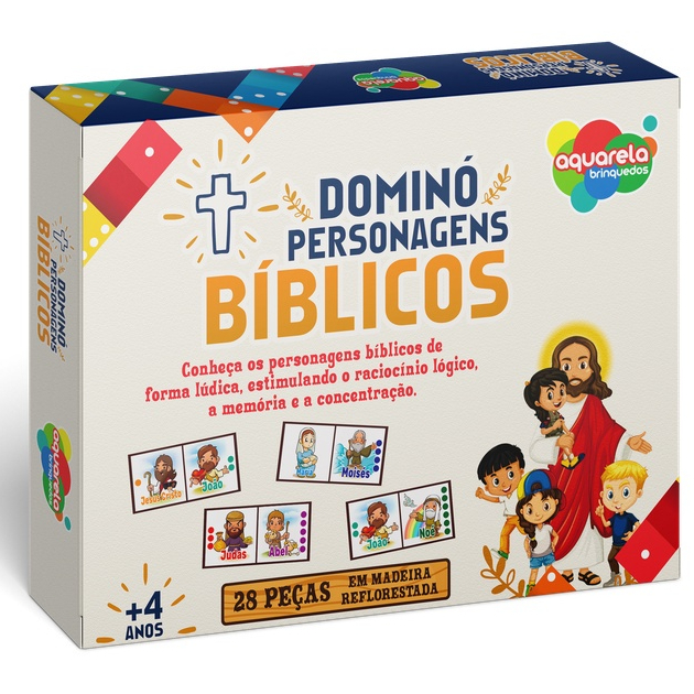 Dominó Infantil em Madeira Com Personagens Bíblicos e Números - 28 Peças