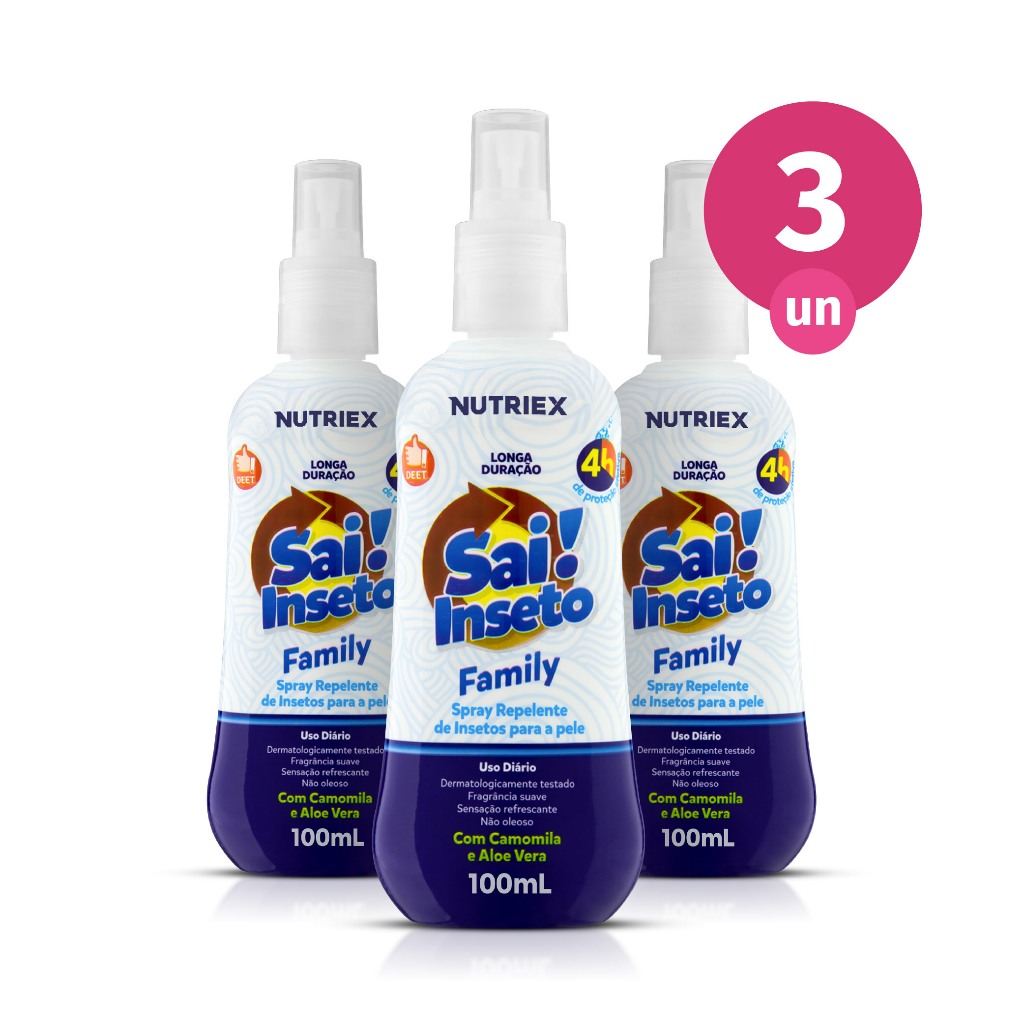 Kit 3 Repelente de Insetos Spray Sai Inseto Family 4 Horas 100ml Nutriex