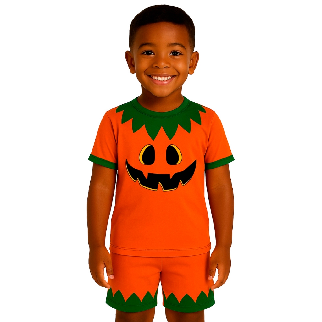 Conjunto Infantil Temático Fantasia Abóbora Halloween Camiseta e Short