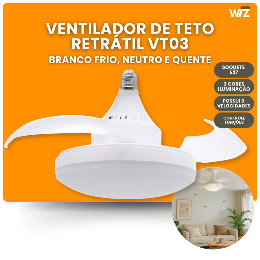 Ventilador de Teto Retrátil C/ Luz Ajustável Silencioso Controle Remoto Moderno VT03