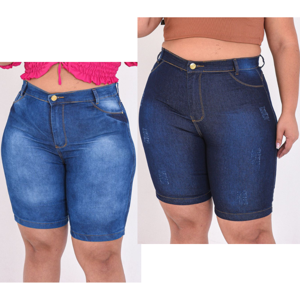 Kit 2 Bermudas Jeans Feminina Plus Size Levanta Bumbum Cintura Alta e Conforto em Oferta na Shopee