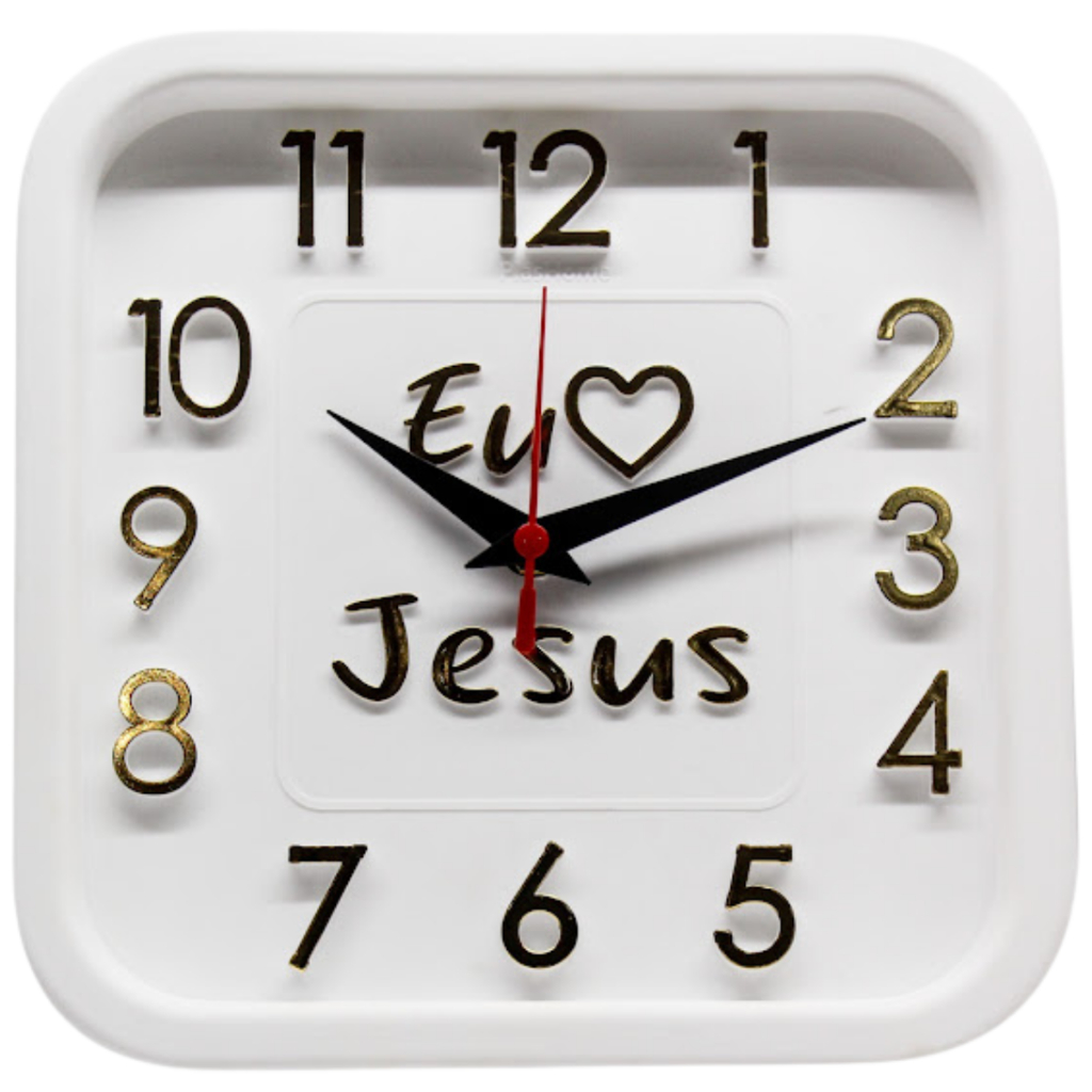Relógio de Parede Branco  com Dourado Sigma Quadrado Eu Amo Jesus 24 cm Silencioso Decoração Sala Cozinha Escritório
