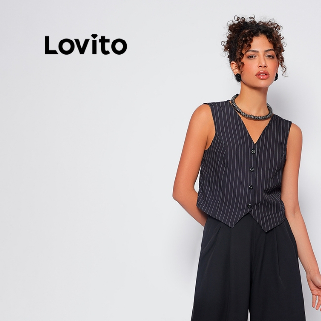 Lovito Colete Alfaiataria Riscada Decote V Botões Frontais Feminino LB6BRL035 em Oferta na Shopee