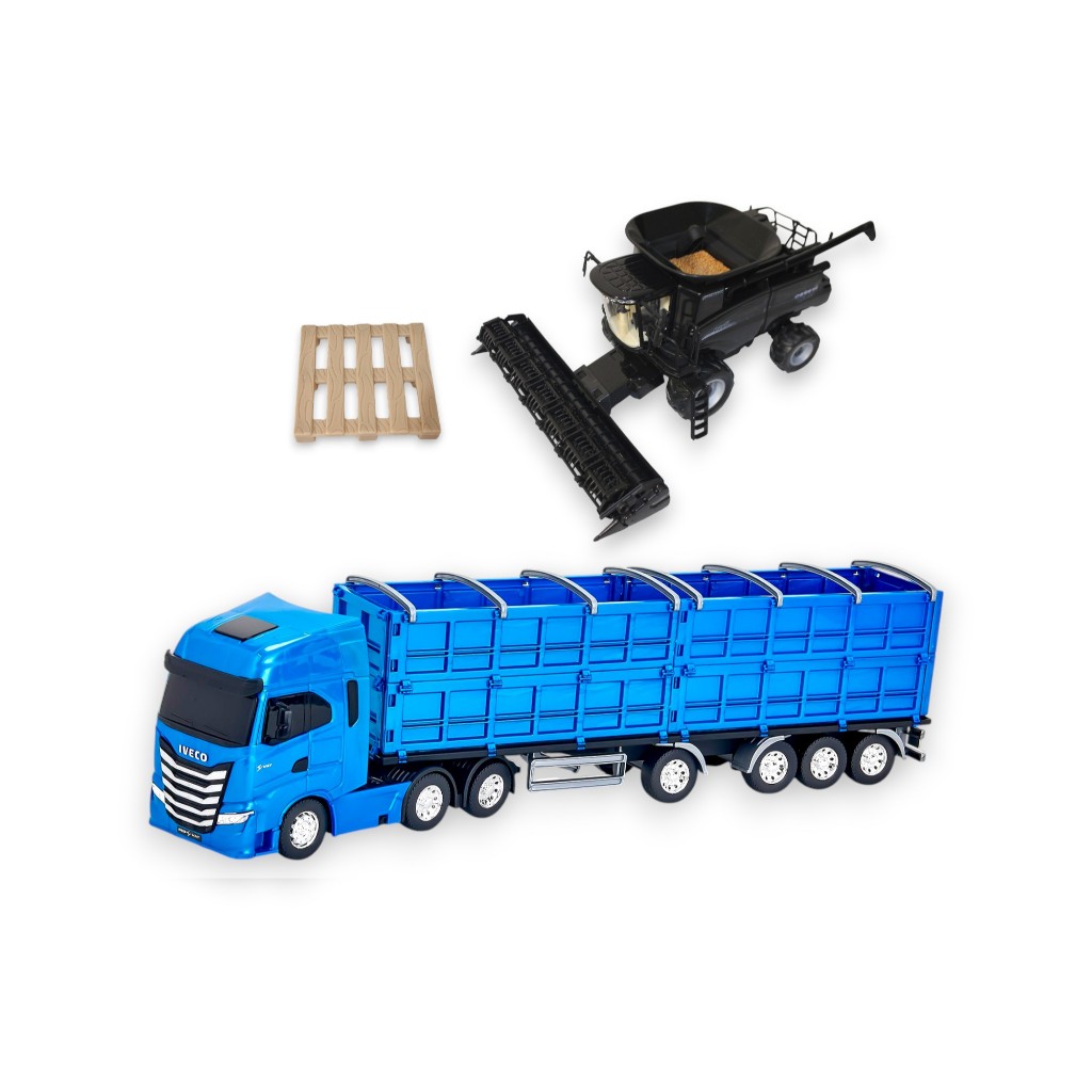 Kit Brinquedo Colheitadeira Case Preta Black Caminhão S-way Graneleiro Iveco