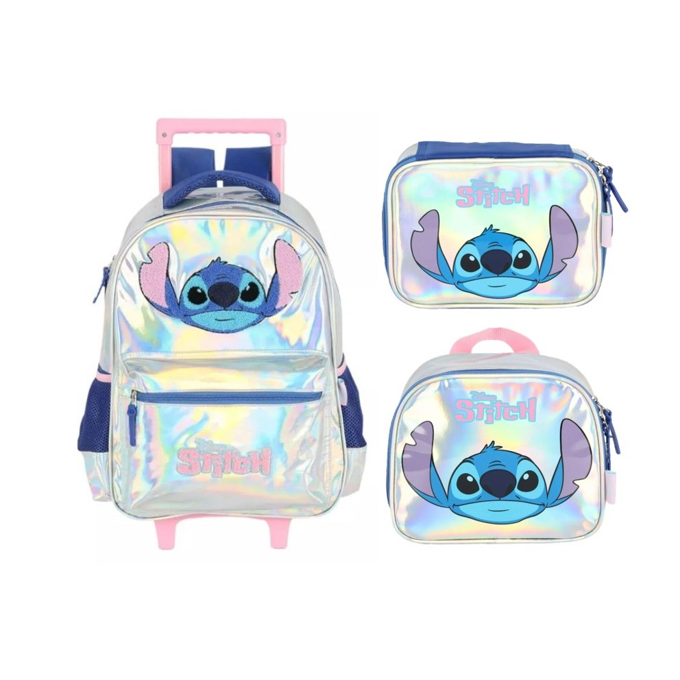 Kit Mochila Holográfica Stitch Rodinha Lancheira Estojo Box Prateada Brilhante em Oferta na Shopee