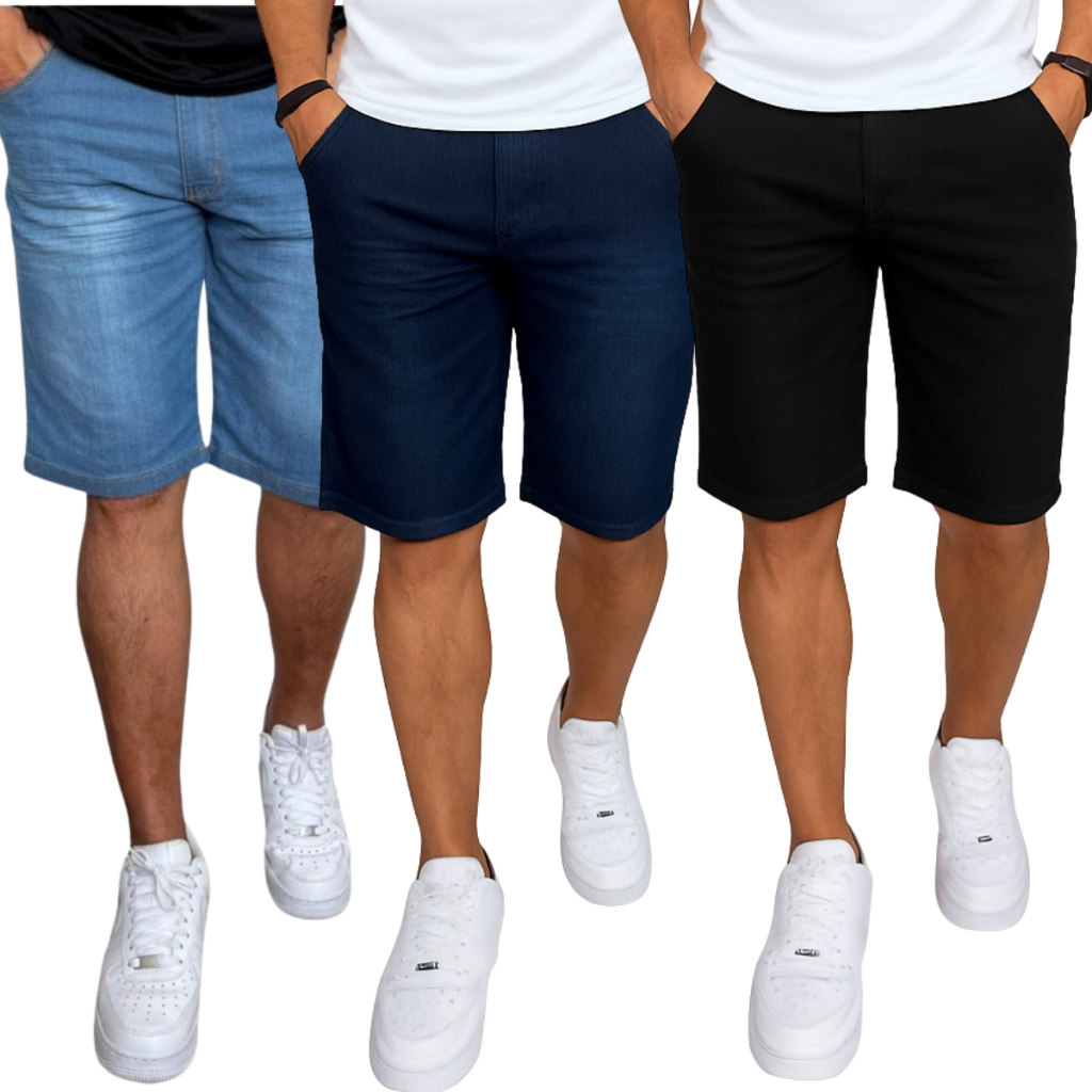 Kit 3 Bermudas Jeans Masculinas Elastano Lycra Conforto Extremo