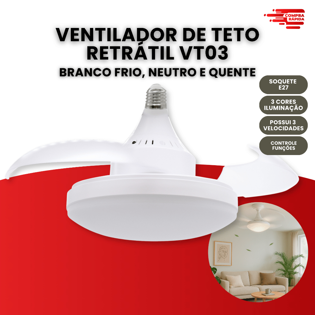 Ventilador de Teto Retrátil Luz Ajustável Silencioso Com Controle Remoto Moderno VT03