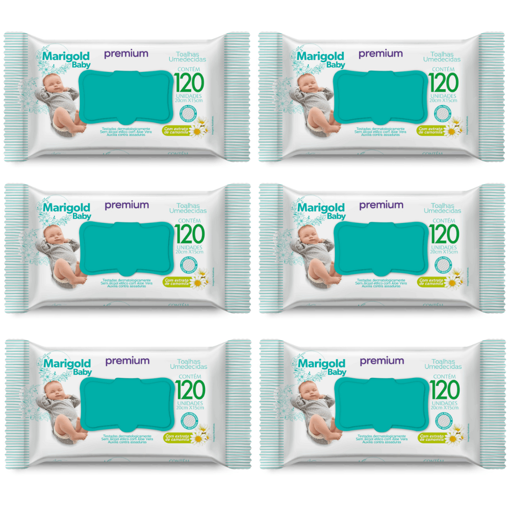 KIT 6 Toalha Umedecida Marigold Baby Camomila 120 Folhas Lenço Umedecido Lencinho
