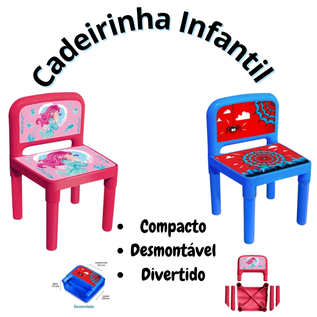 Cadeirinha Infantil Desmontável com Encosto – Tema Aranha Azul - Sereia Rosa - 47x31x28cm em Oferta na Shopee