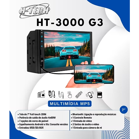 Multimidia MP5 2 Din Bluetooth Usb Espelhamento a Cabo H-Tech HT-3000 G3 7 Polegadas