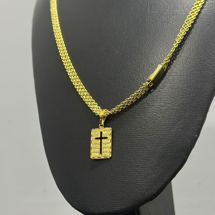 Cordão Cadeado Triplo 7 MM com Cruz – LIGA DE MOEDA ANTIGA + Banho Ouro 18K | Fecho Gaveta | Estilo e Fé