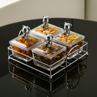 Petisqueira Baleiro Luxo Vidro com 4 Potes Quadrados + Tampas de Ursinho Prateado e Suporte Metálico em Oferta na Shopee