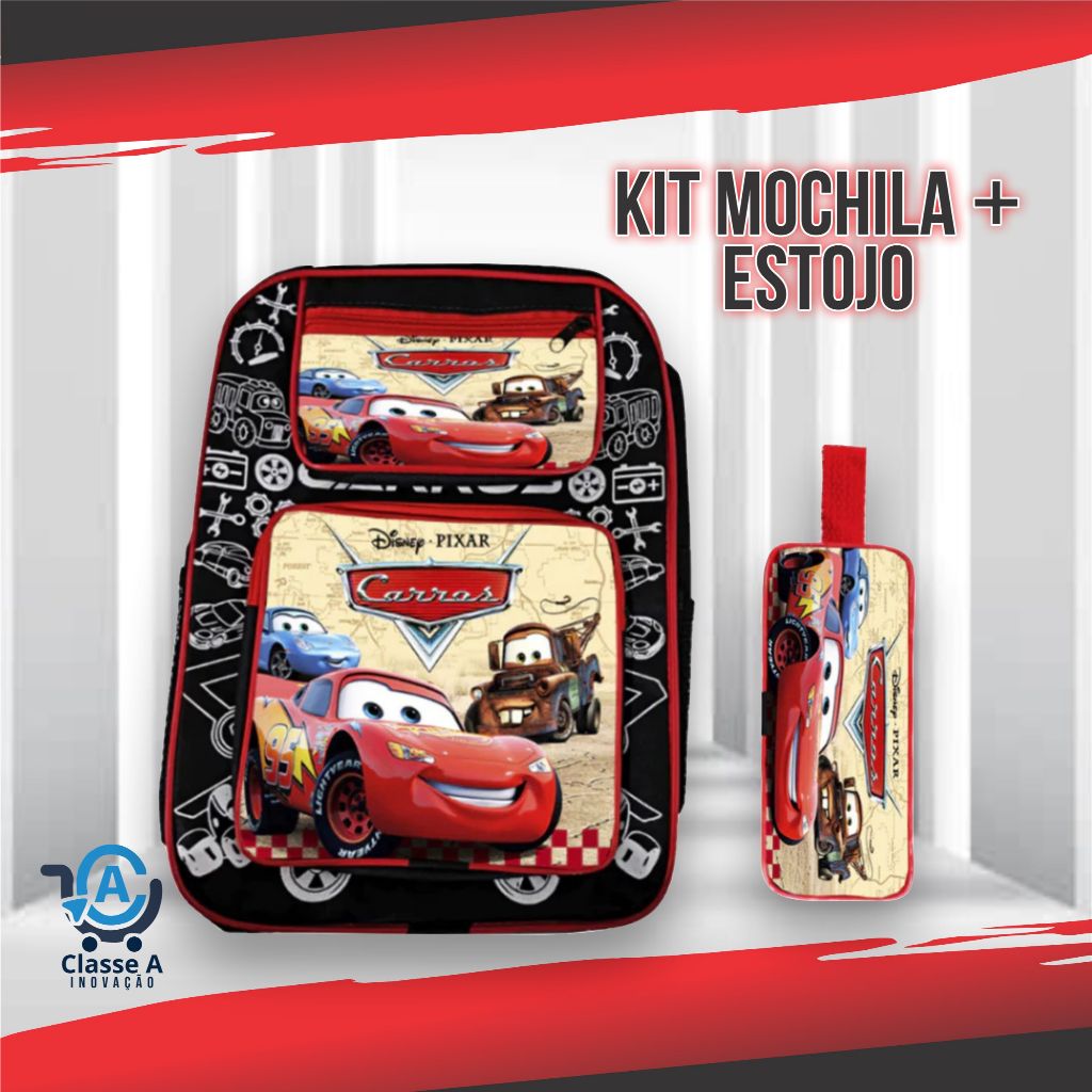 Kit Escolar Mochila Grande e Estojo Infantil Masculino Menino Carros Relâmpago McQueen em Oferta na Shopee