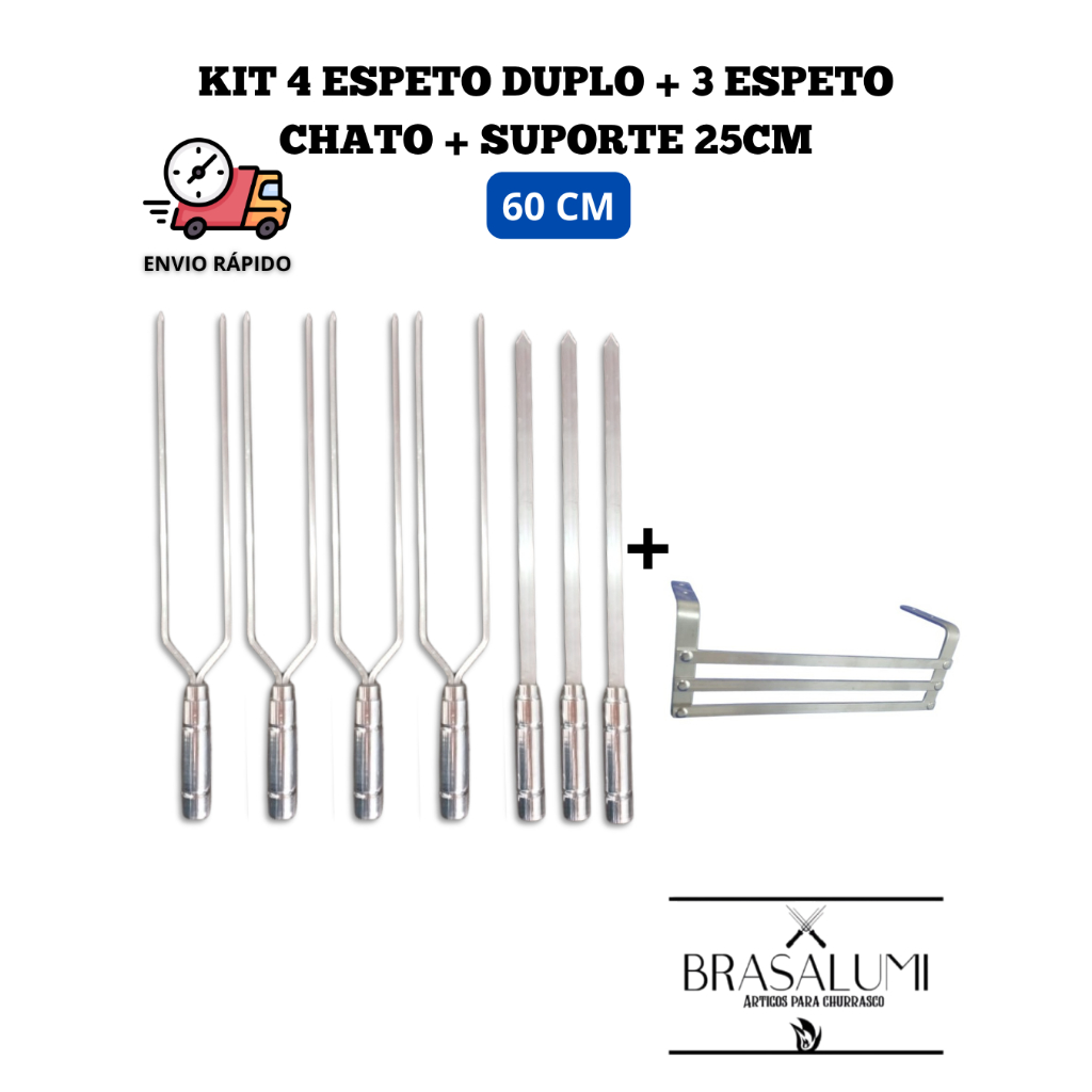 KIT 4 ESPETO  DUPLO + 3 ESPETO CHATO + SUPORTE 25CM CHURRASCO