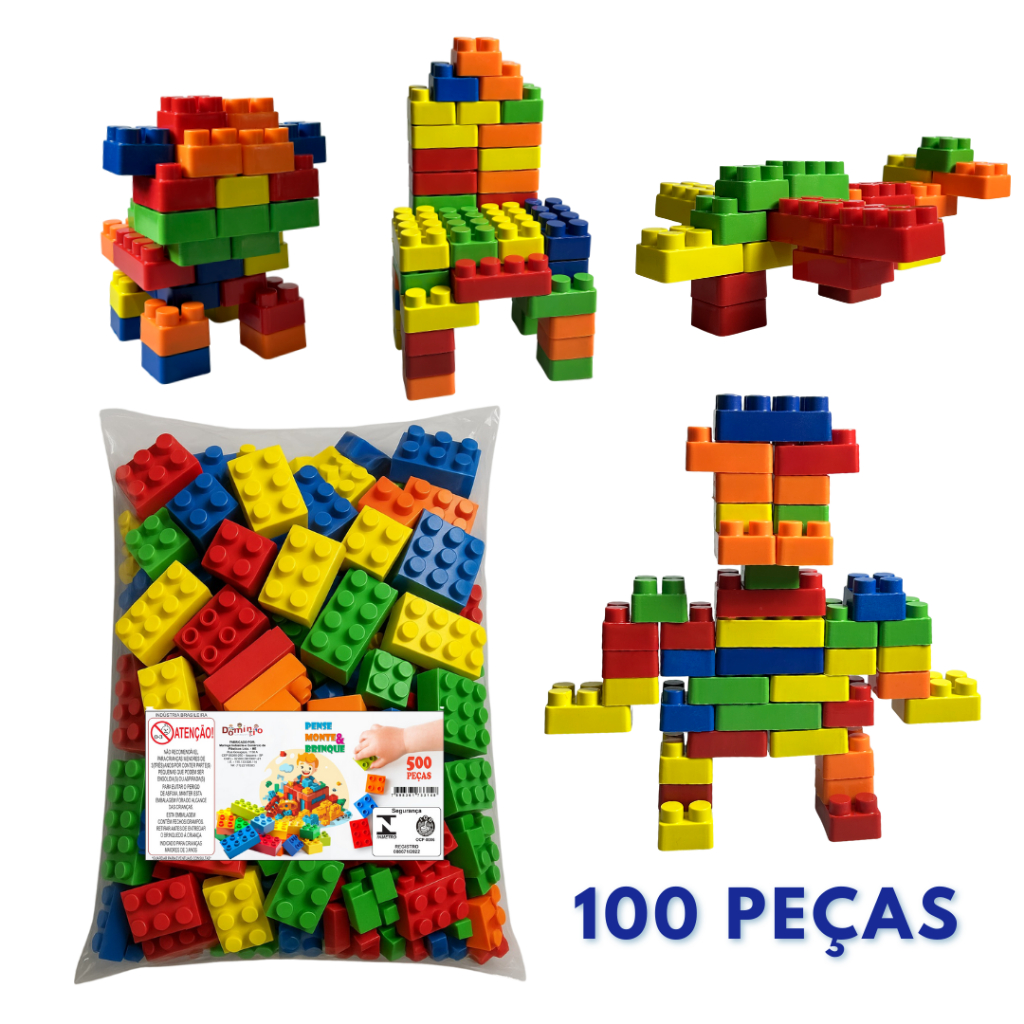 Kit Blocos de Montar Infantil 100 Peças Didatico Monta Monta Colorido Acompanha Peças Com Rodinha em Oferta na Shopee