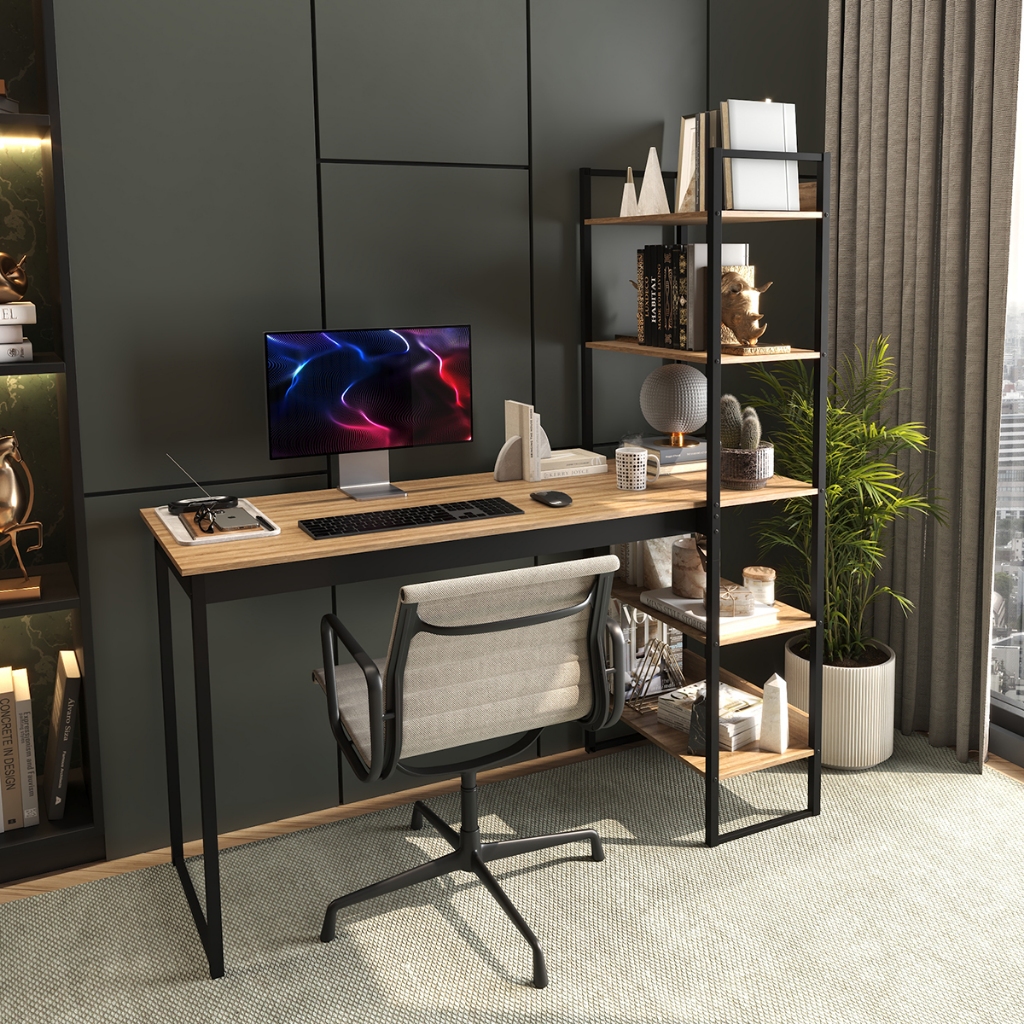 Mesa Escrivaninha Industrial com Prateleira Integrada Preta com Madeirado Design Moderno Ferro e Madeira Mod: Athenas em Oferta na Shopee