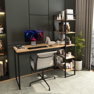 Mesa Escrivaninha Industrial com Prateleira Integrada Preta com Madeirado Design Moderno Ferro e Madeira Mod: Athenas em Oferta na Shopee