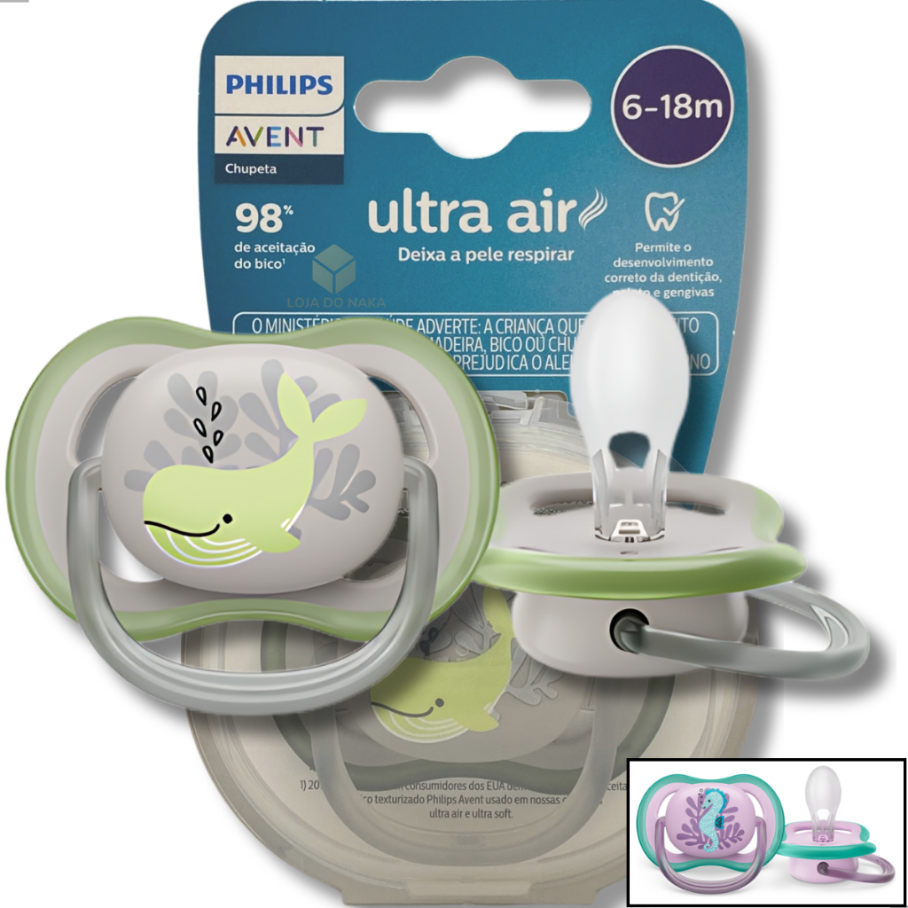 Chupeta Philips Avent Ultra Air Unitário Periodo 6-18m Meses Philips Silicone Cinza Verde Baleia