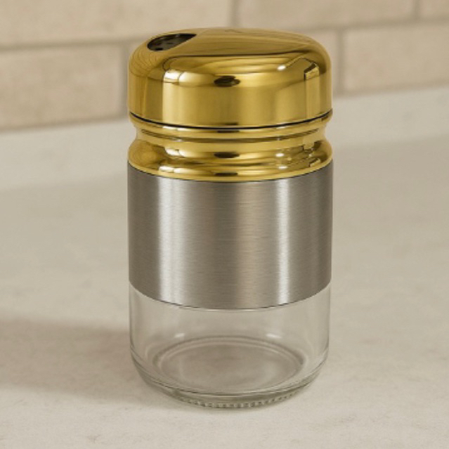 Porta temperos / saleiro / paliteiro luxo cozinha elegante - unitário vidro com bordas prata e dourado aço inoxidável