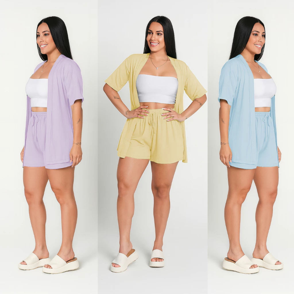 Conjunto Feminino Varias Cores Kimono e Short Confortavel Verão 2026 Level — imagem 1