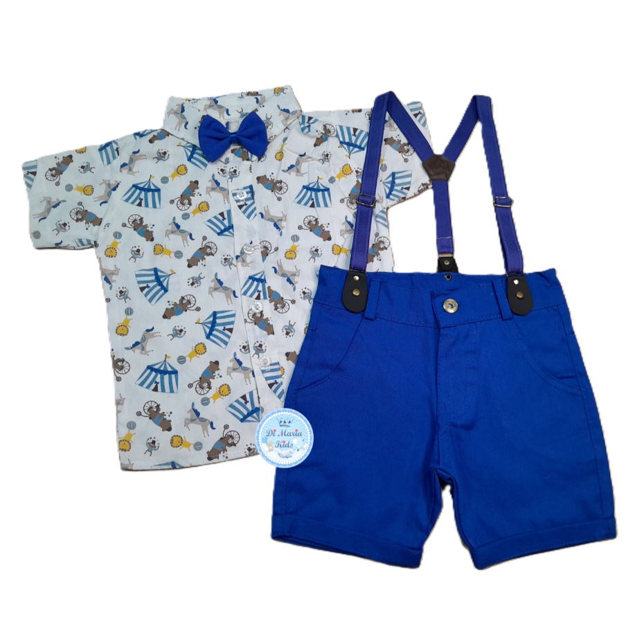 Conjunto Circo Temático Camisa Tricoline Short Suspensório Roupa bb menino festa infantil Personagem