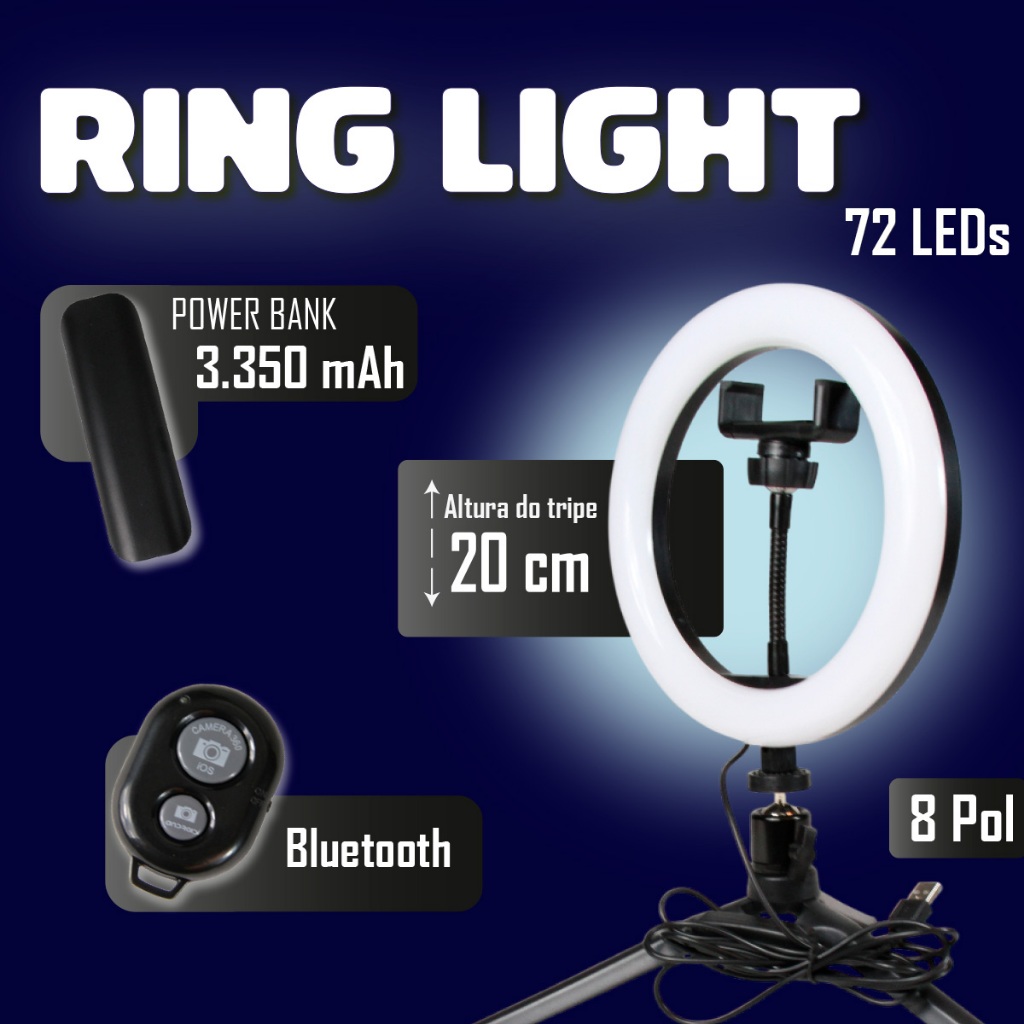 Ring Light 8 Polegadas Com Suporte E Tripé Vivitar Portátil Para Gravações