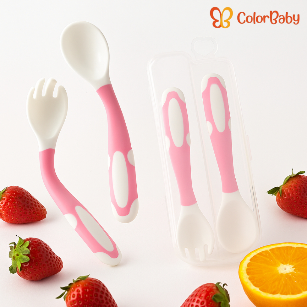 Kit Talher Infantil Bebe Dobrável Silicone/Plástico com Estojo Colher e Garfo Ergonômico - ColorBaby em Oferta na Shopee
