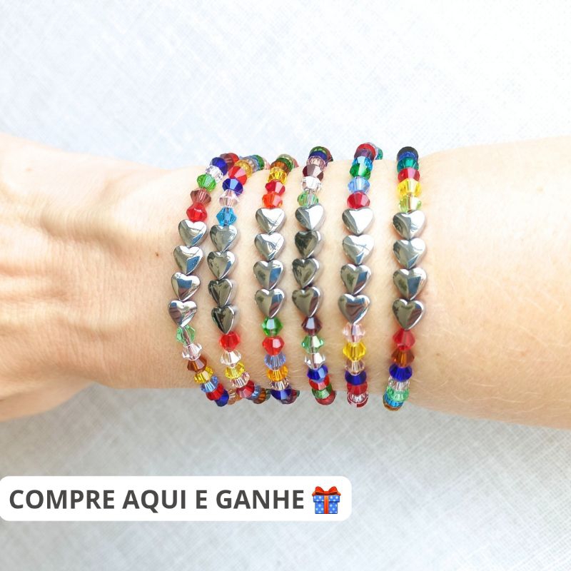 Pulseira Feminina Coração com Pedra Natural Hematita Prata e Cristais Coloridos