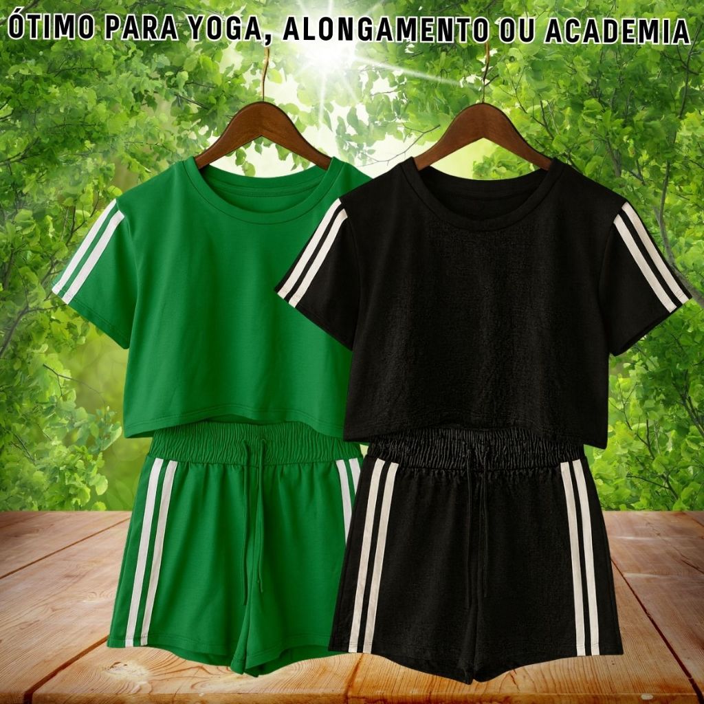 KIT 2 Conjunto de Moletinho Premium Cropped Manga Curta e Shorts Listrado Moletom Feminino Blogueira