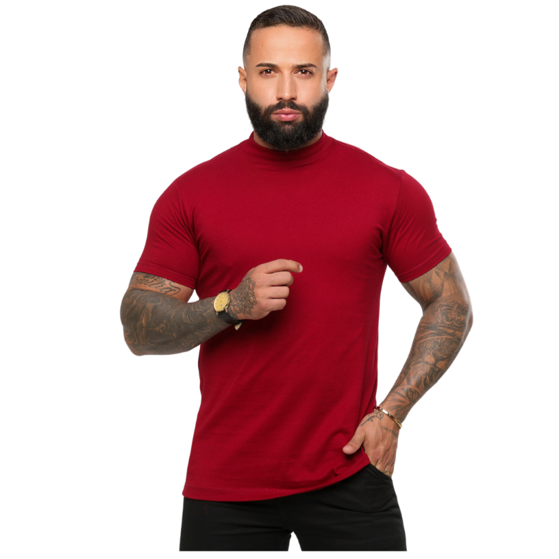 Camiseta Gola Média Premium 100% Algodão Camisa Gola Alta Slim, Moda Casual em Oferta na Shopee