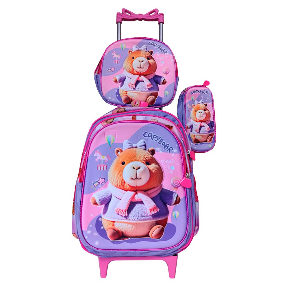 Kit Mochila Capybara em 3D Capivara com Rodinhas + Lancheira Térmica + Estojo Escolar Infantil