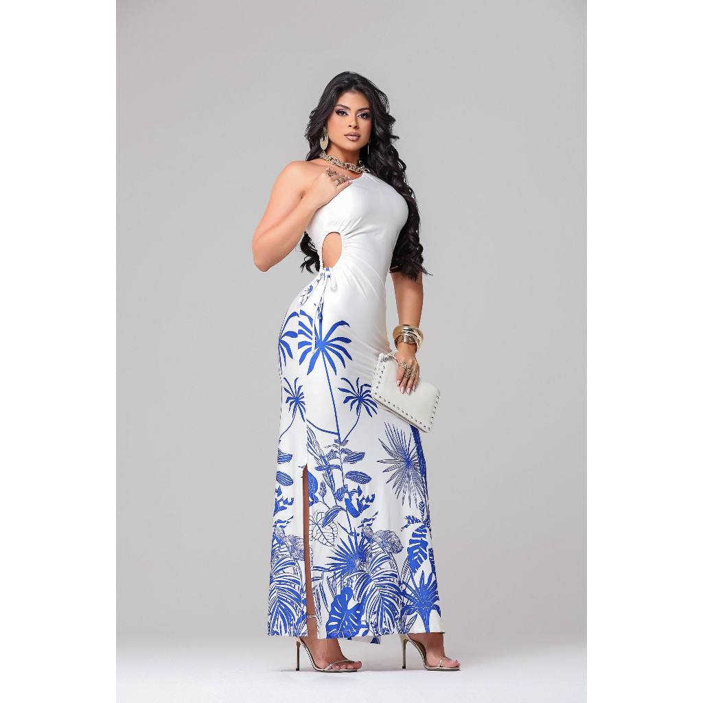 Vestido Longo Fluity Elegante Chic Estilo Malha Confortavél Azul Marrom Patricinha Festa Barzinho