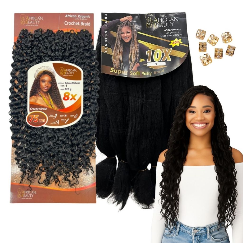 Kit Cabelo Jumbo Yaki 10x 600g e Crochet Orgânico Beleza Natural 75cm Cacheado 320g Fibra Premium Para Box Braids