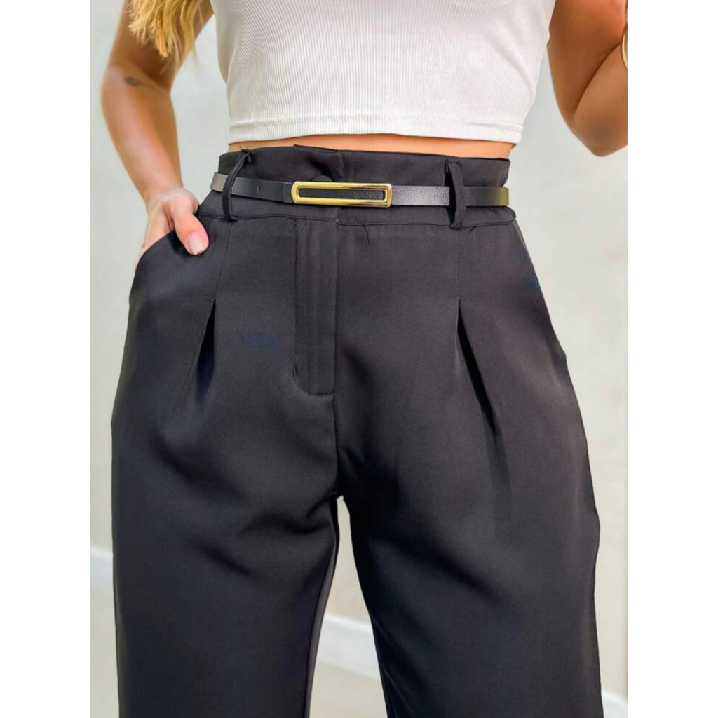 CALÇA FEMININA ALFAIATARIA CINTURA ALTA COM ZÍPER NA LATERAL ACOMPANHA CINTO