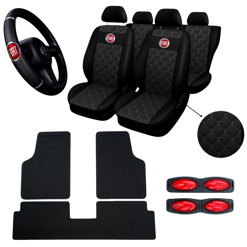 Kit Capas Bancos Couro Carro Tapetes Volante Cronos + capa de volante de carro fiat em Oferta na Shopee